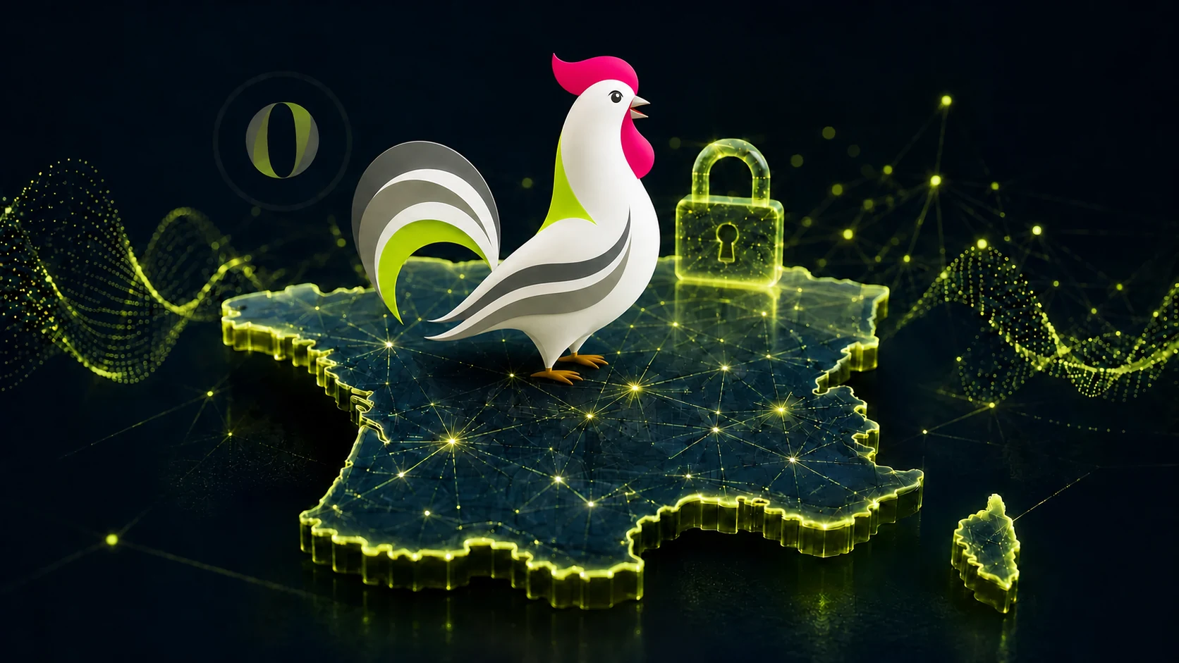 La mascotte coq Orakina sur une carte de France sécurisée illustre l'hébergement des données en France.