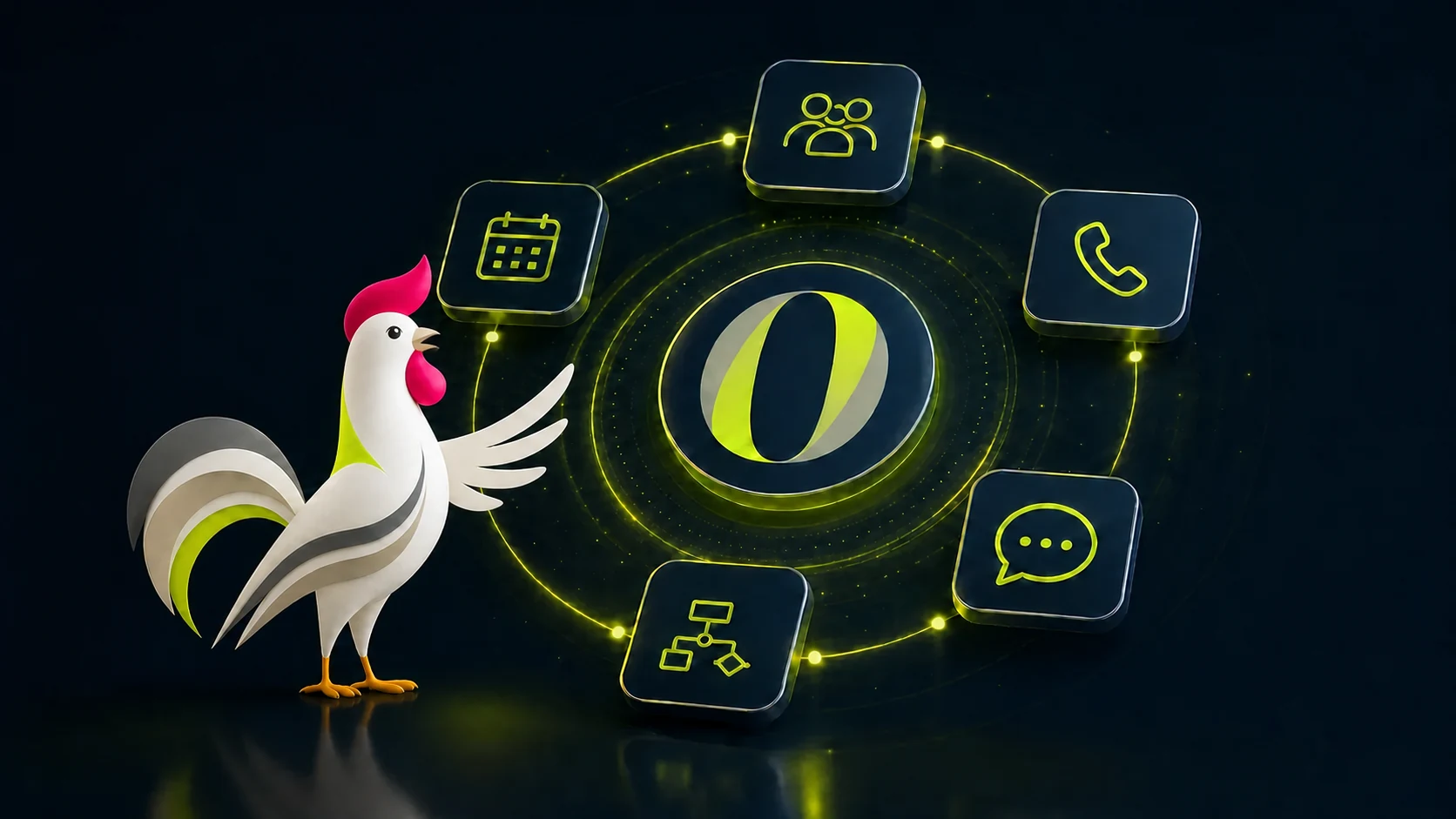 La mascotte coq Orakina présente les intégrations avec l'agenda, le CRM, la téléphonie et la messagerie.