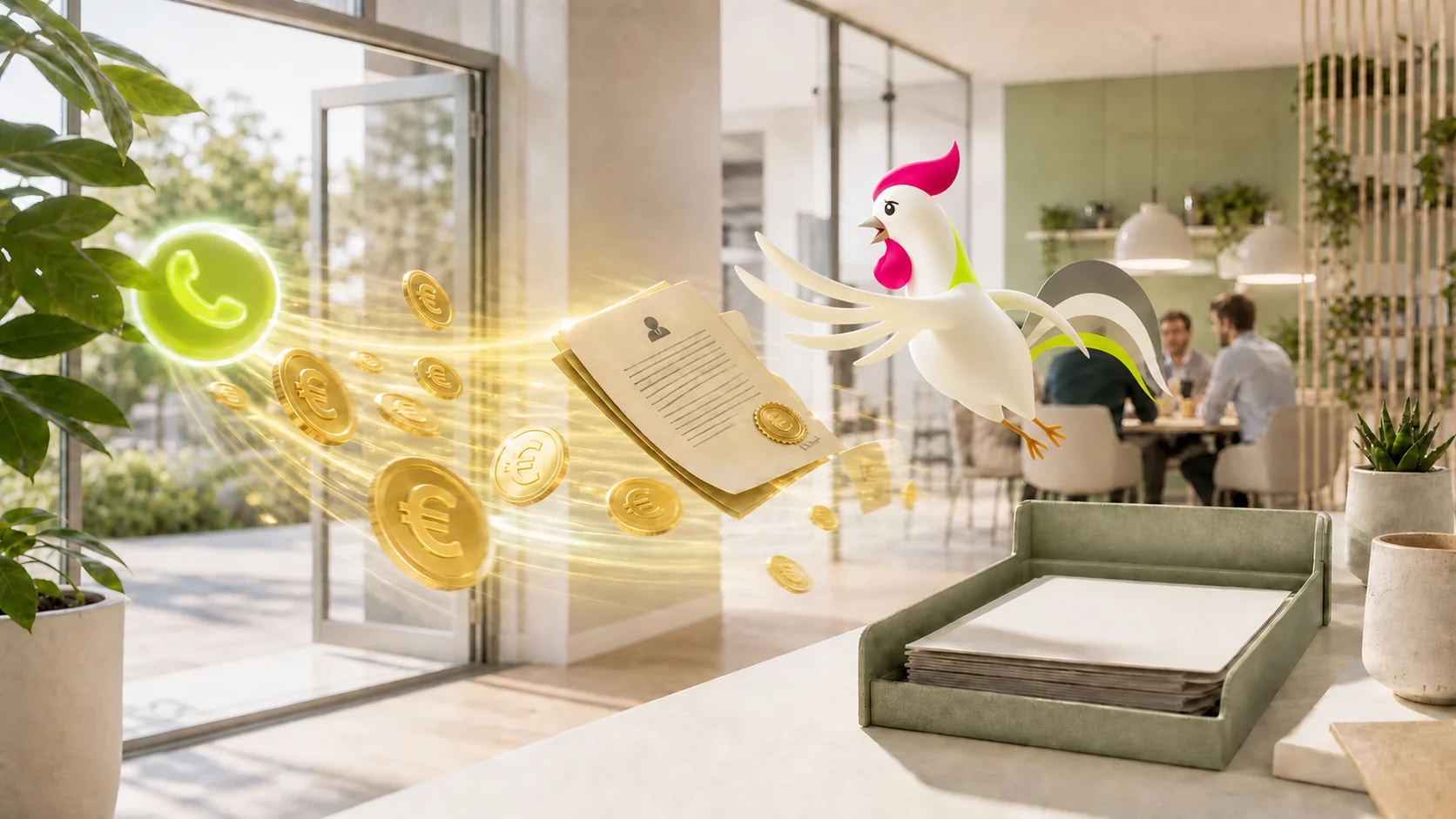 La mascotte coq Orakina illustre le chiffre d'affaires perdu à cause d'un appel professionnel manqué.