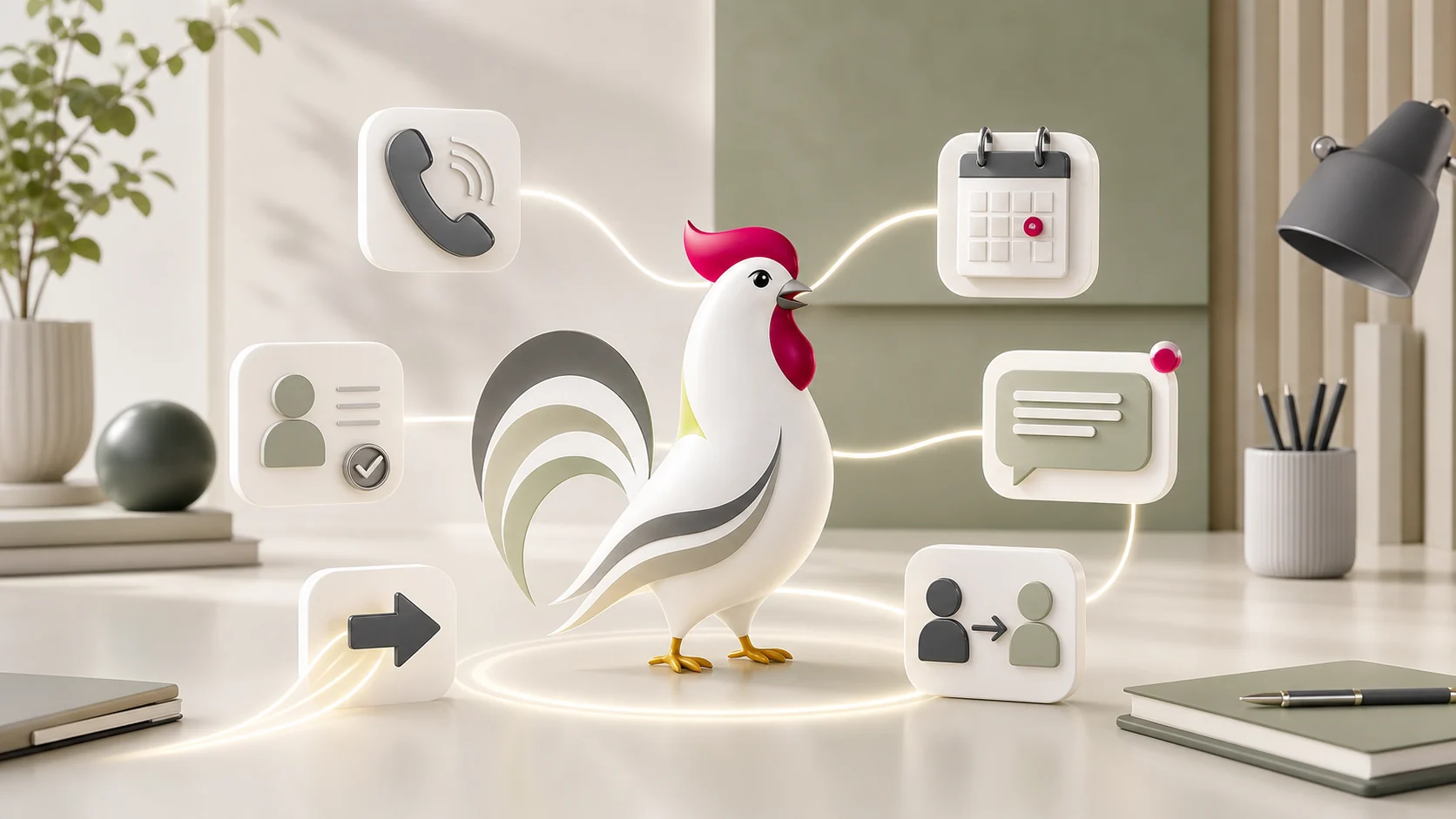 La mascotte coq Orakina orchestre l'accueil téléphonique, la qualification, la prise de rendez-vous, les messages et le transfert vers un humain.